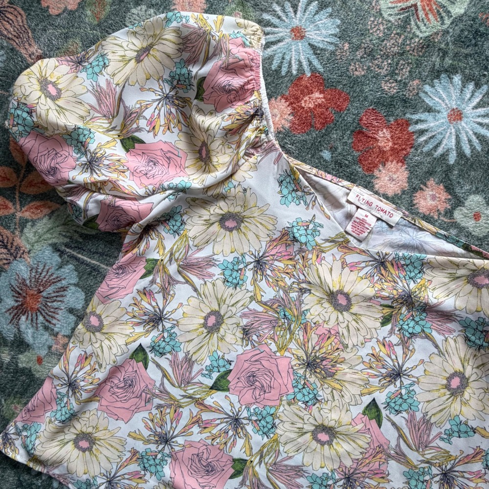 Flying Tomato Floral Puff Sleeve Blouse Pink Yellow Square Neck Top IT11577 M